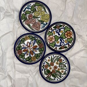 Mr Pue hand painted ceramic floral coasters set of 4 Made in Mexico blue trim